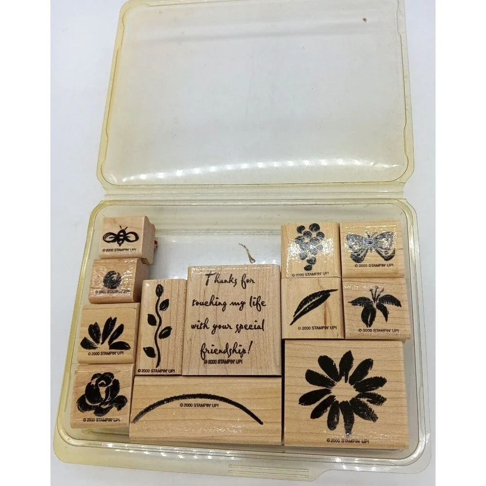 Vtg 2000 Stampin Up! Set of 12 Botanical Nature & Friendship Wood Rubber Stamps